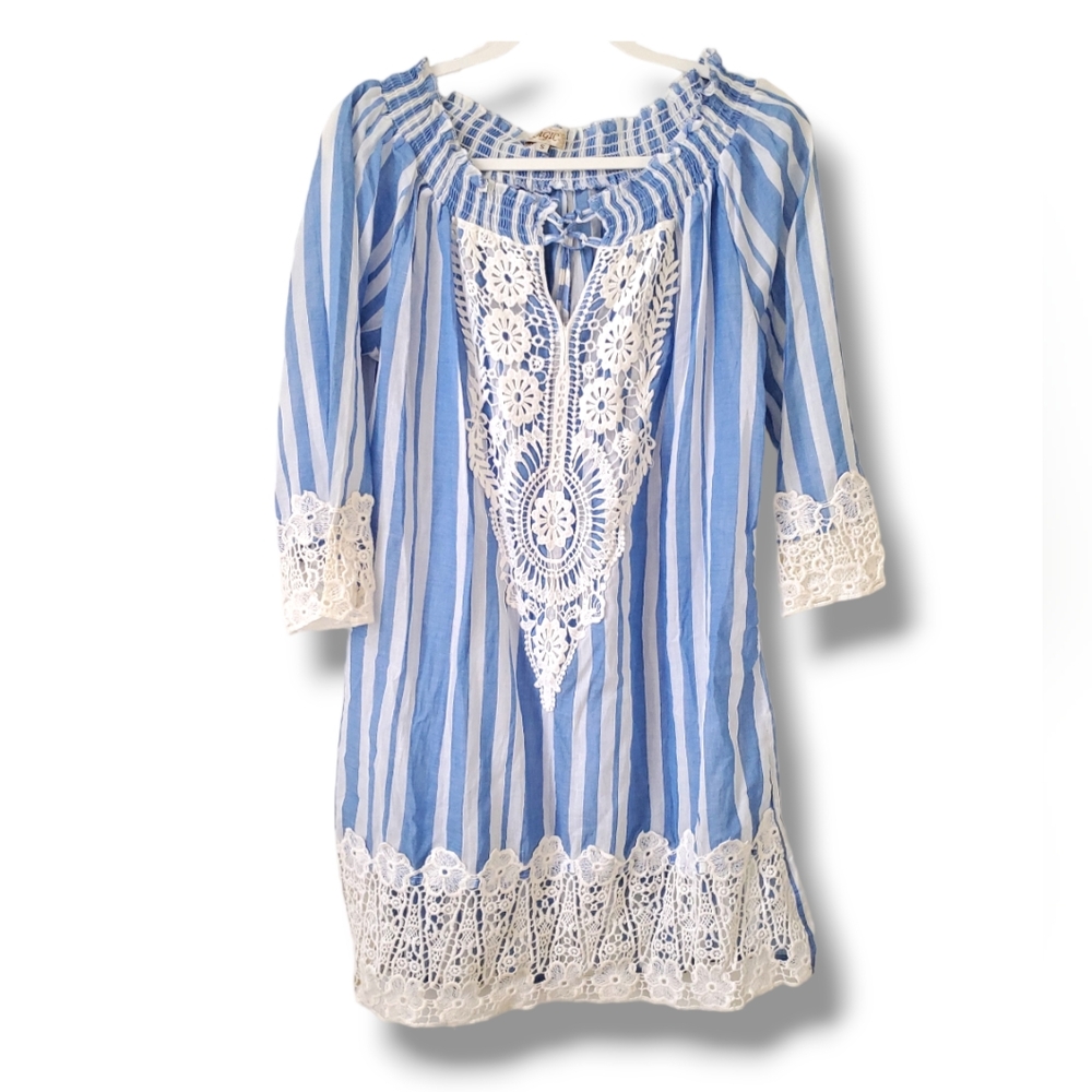 NWT Magic Stripe Blue and White Lace Shirt Dress Size S, but runs like M